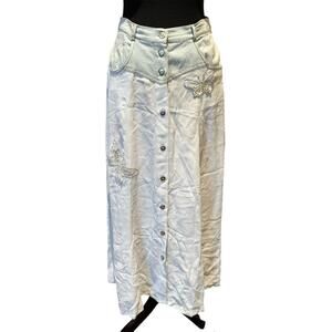 Vintage Button Front Maxi Skirt Embroidered Butterfly Boho Cottagecore